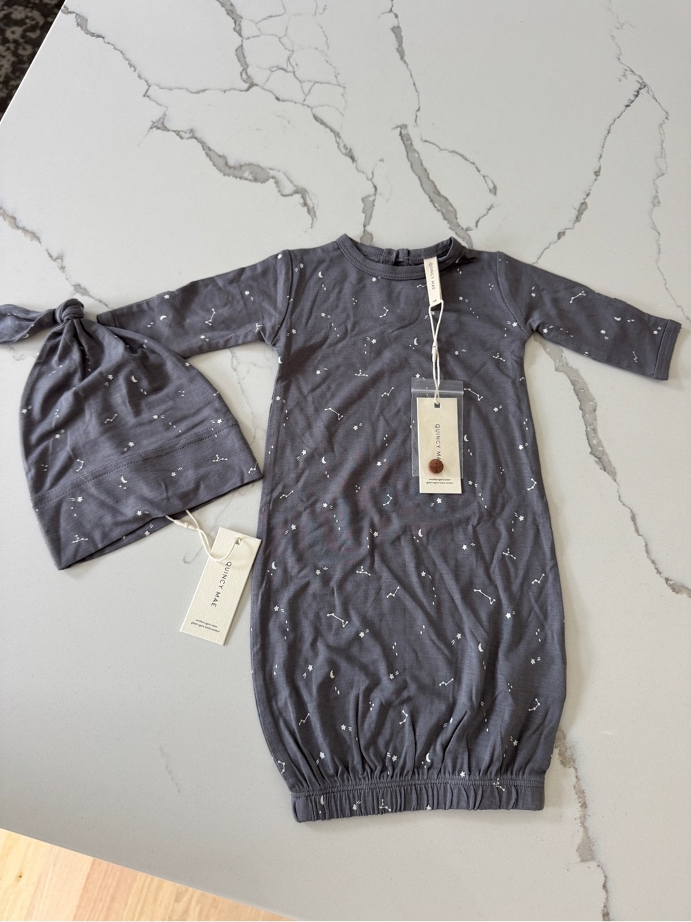 Quincy Mae Gray Baby Gown with White Star & Constellation Print